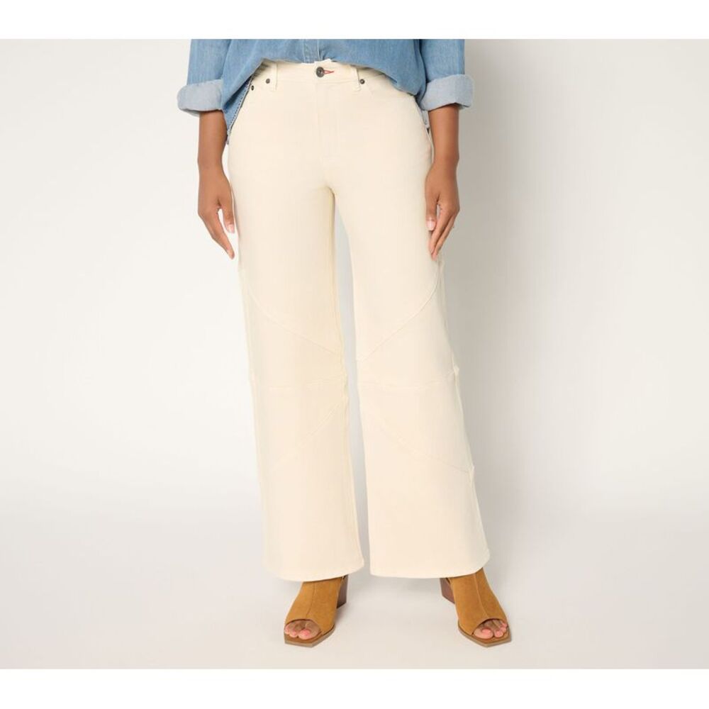 Peace Love World Women's Petite Pants 4P Full Leg Jeans Seamed Knee White